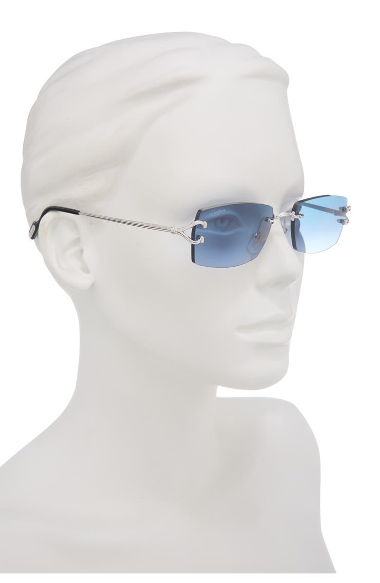 Cartier 56mm Rimless Rectangular Sunglasses, Alternate, color, Silver/ Light Blue Lens