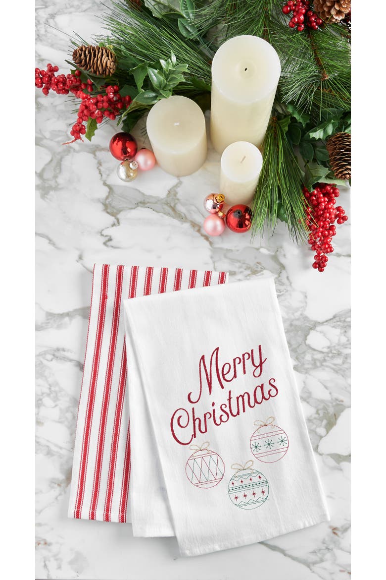Retro "Merry Christmas" Sentiment with 3 Ornaments Holiday Embroidered Flour Sack Kitchen Towel 27L x 18W in., Alternate, color, White