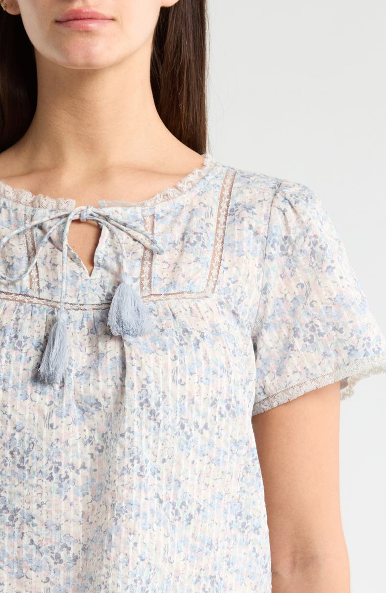 Lucky Brand Floral Flutter Sleeve Cotton Blend Top, Alternate, color, Blue Floral