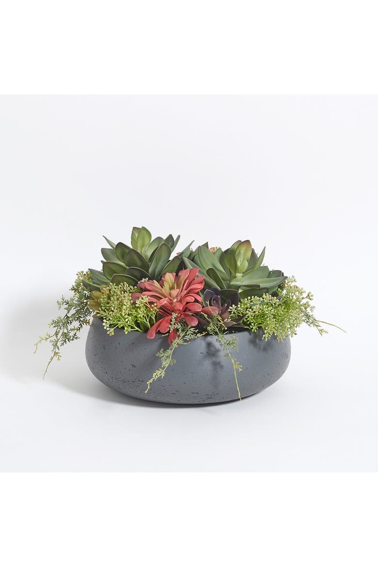 Round Artificial Succulent Arrangement, Gray Planter, Main, color, Grey