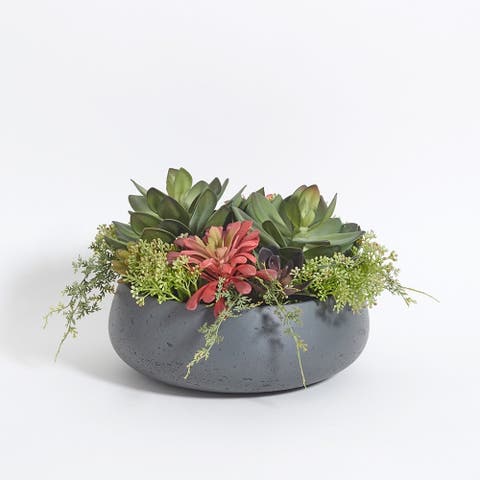 Round Artificial Succulent Arrangement, Gray Planter