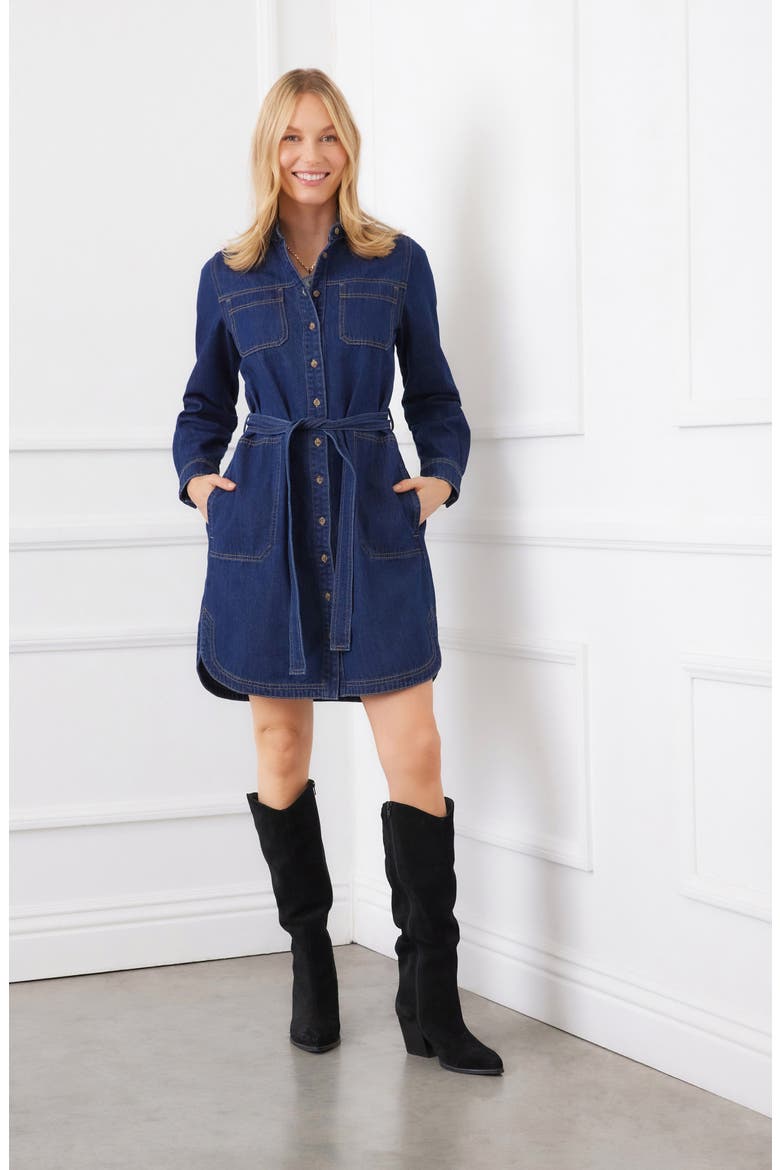 Belted Long Sleeve Denim Shirtdress, Alternate, color, INDIGO