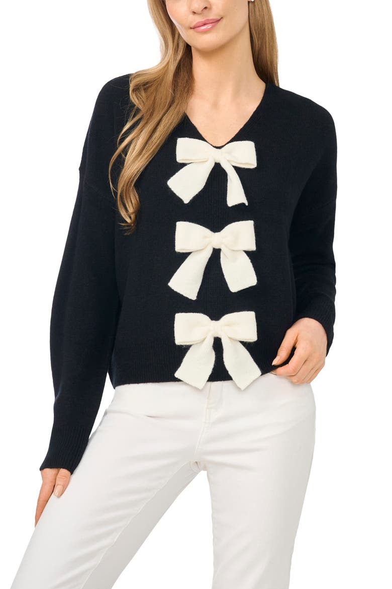 Bow Detail V-Neck Sweater, Main, color, RICH BLACK