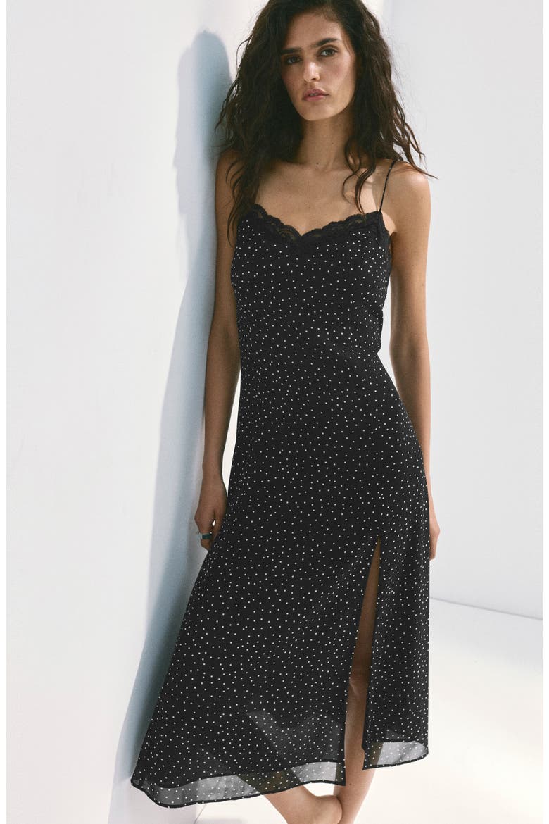 Polka-Dotted Dress with Lace Detail, Alternate, color, BLACK