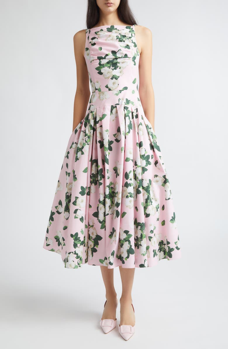 Carolina Herrera Rose Print Bateau Neck Midi Dress, Main, color, Rosewater Multi