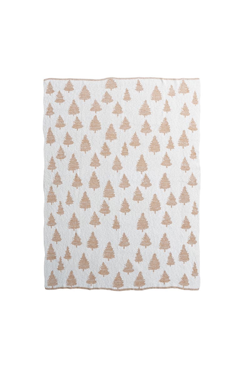 Cotton Knit Throw with Trees and Metallic Gold Thread, Cream Color, Main, color, Cream