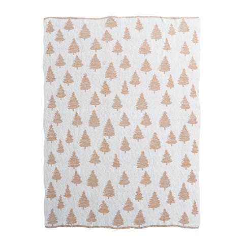 Cotton Knit Throw with Trees and Metallic Gold Thread, Cream Color