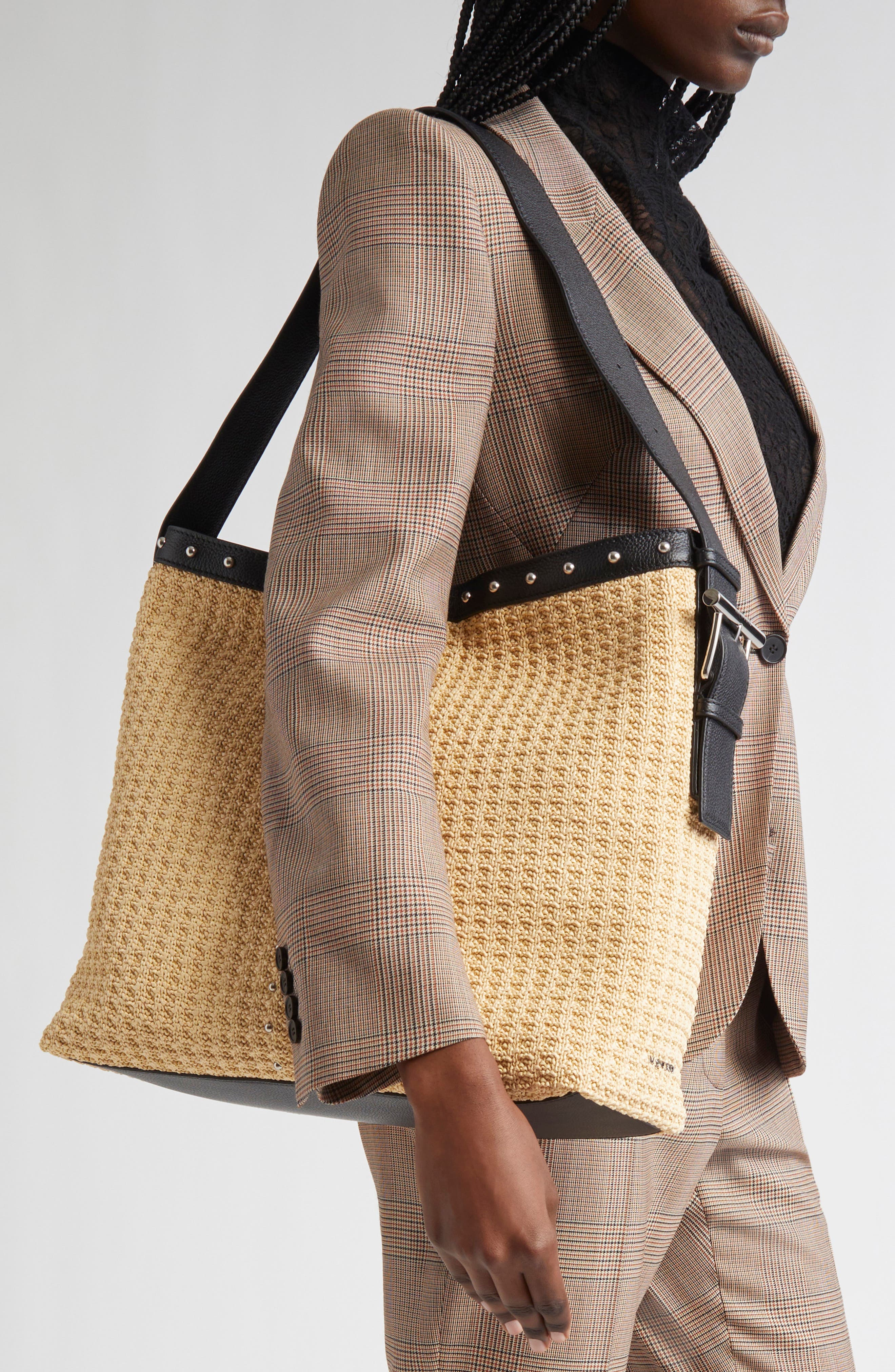 McQueen T-Bar Sling Studded Raffia & Leather Shoulder Bag, Alternate, color, Natural/ Black/ Silver