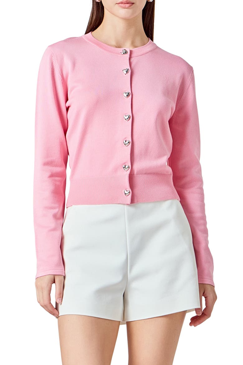 Heart Button Cotton Cardigan, Main, color, PINK