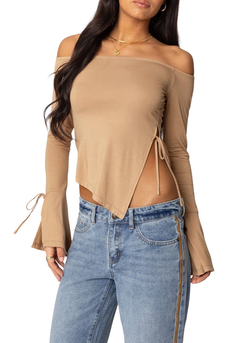 Jeni Asymmetric Side Tie Top, Main, color, BROWN