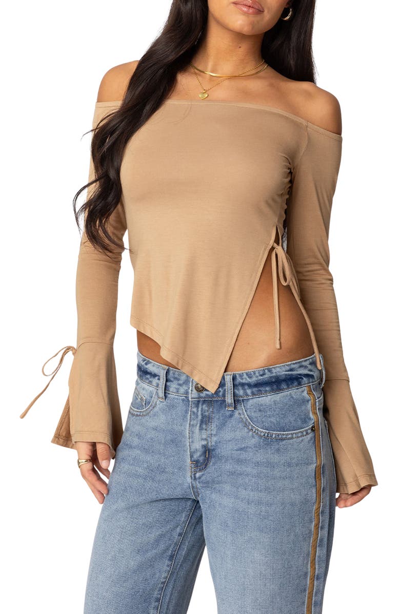 EDIKTED Jeni Asymmetric Side Tie Top, Main, color, Brown