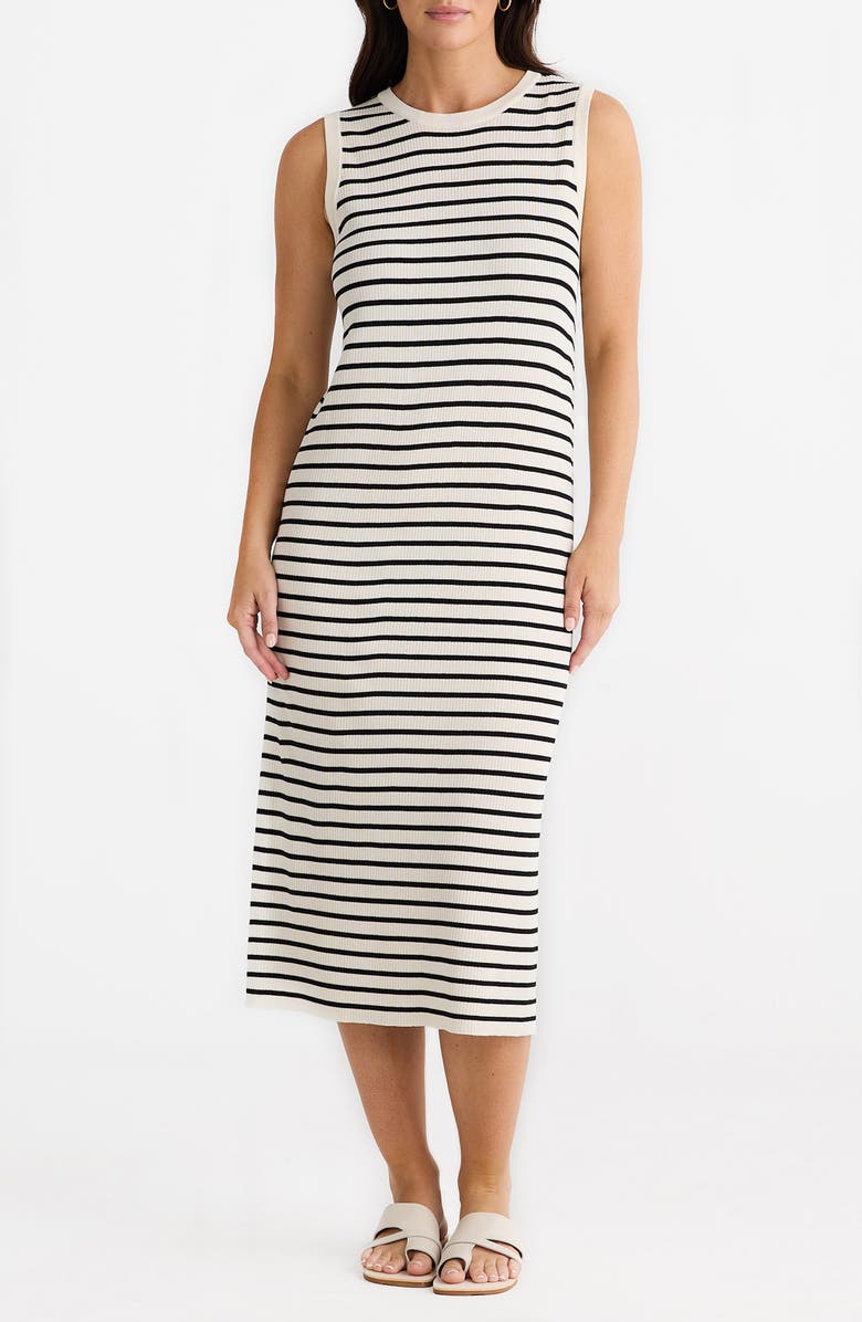 Brave+True Squad Stripe Sleeveless Rib Midi Dress, Main, color, Ecru/ Black Stripe