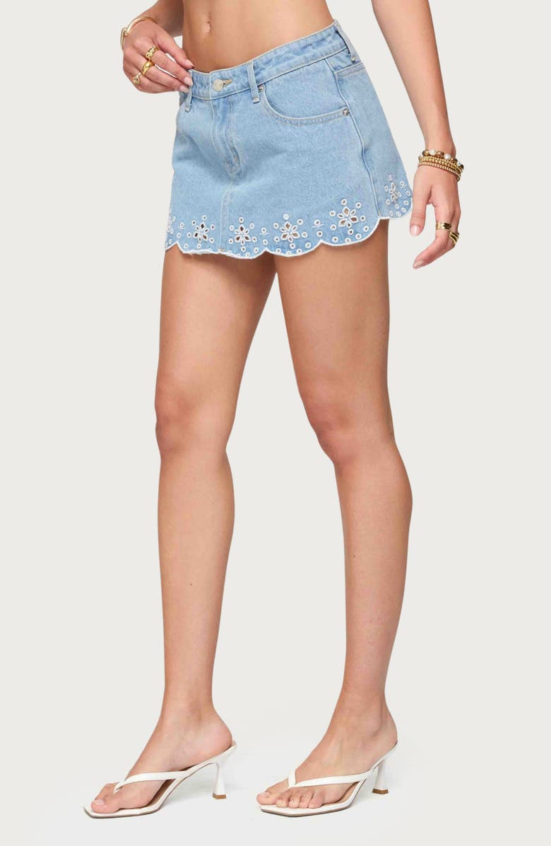 EDIKTED Eyelet Embroidered Scallop Hem Denim Miniskort, Alternate, color, Light-Blue