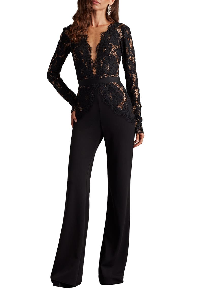 Mixed Media Plunge Neck Long Sleeve Cotton Blend Jumpsuit, Main, color, BLACK/ BEIGE