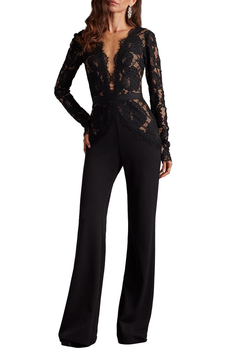 Tadashi Shoji Mixed Media Plunge Neck Long Sleeve Cotton Blend Jumpsuit, Main, color, Black/ Beige