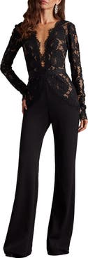 Tadashi Shoji Mixed Media Plunge Neck Long Sleeve Cotton Blend Jumpsuit