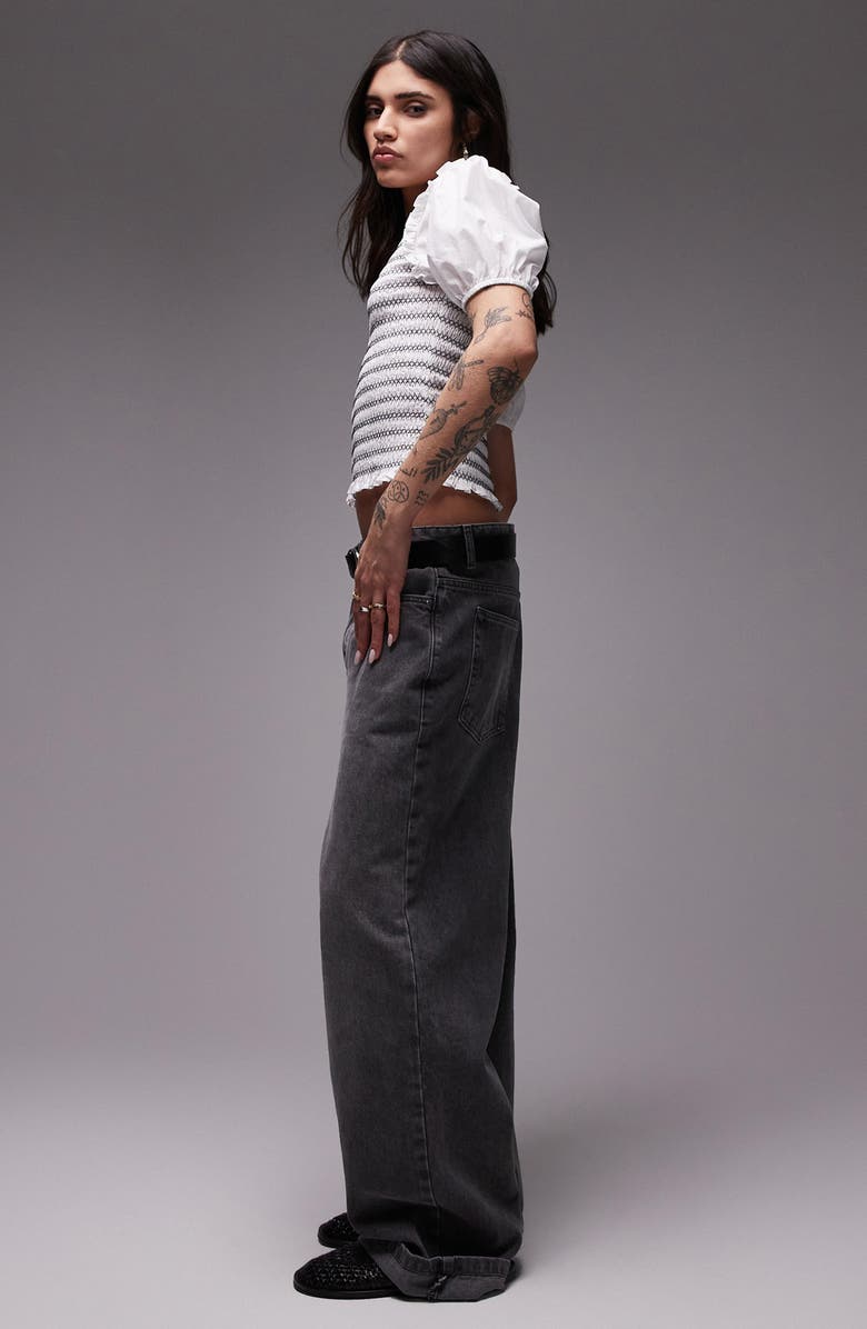 Topshop V-Neck Puff Sleeve Shirred Top, Alternate, color, White Multi