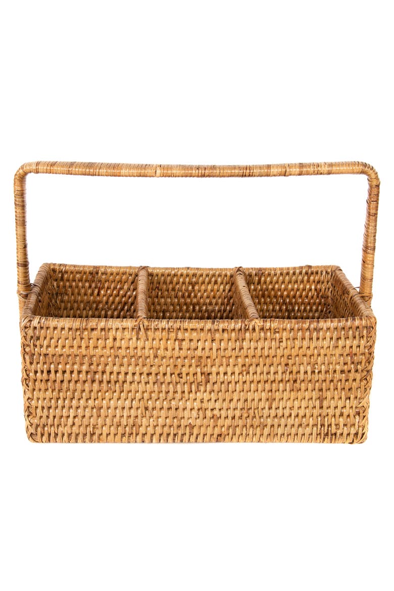Rattan 3-Section Cutlery Caddy with Handle, Alternate, color, Honey Brown
