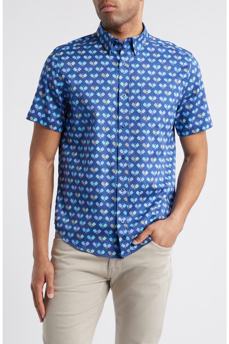 Pickleball Print Short Sleeve Button-Up Shirt, Main, color, NAVY MULTI