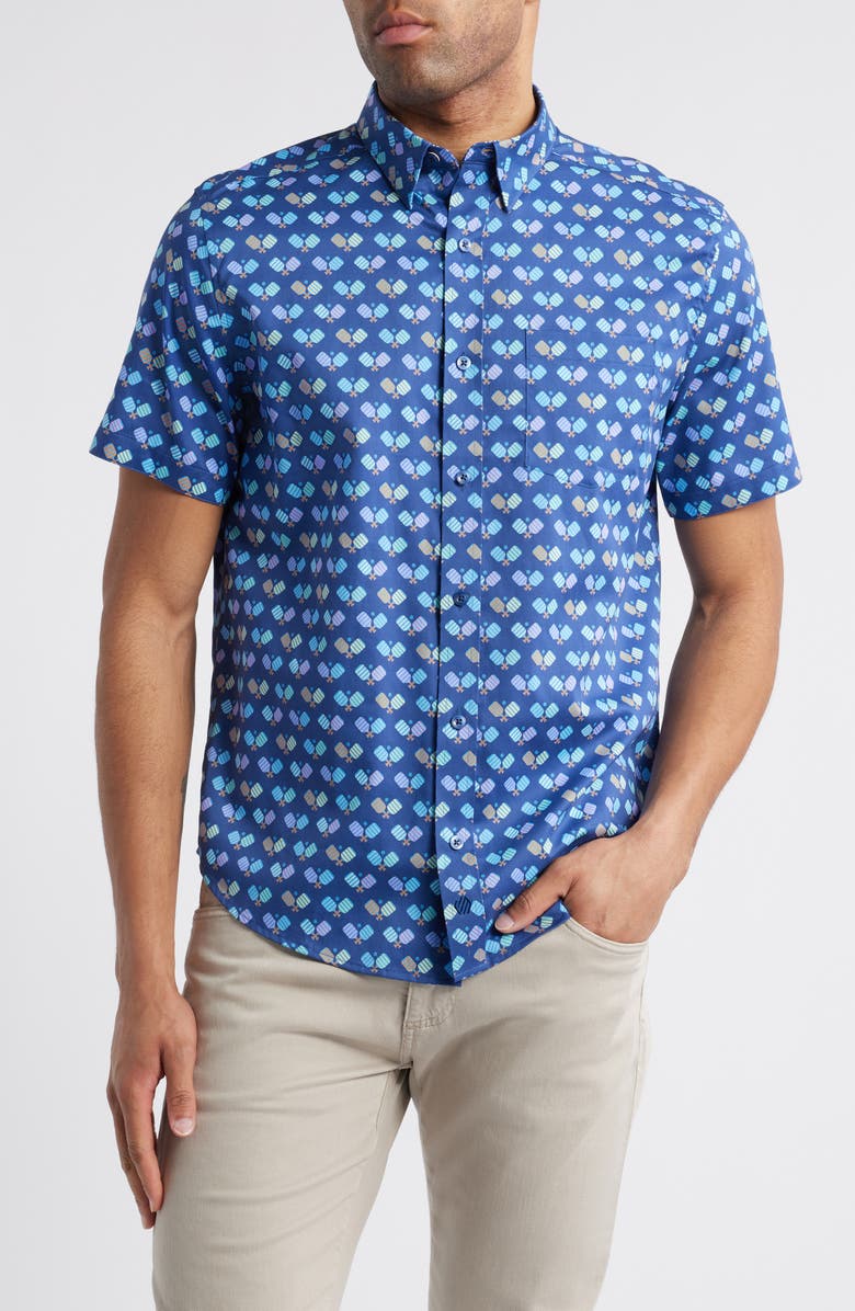 Johnston & Murphy Pickleball Print Short Sleeve Button-Up Shirt, Main, color, Navy Multi