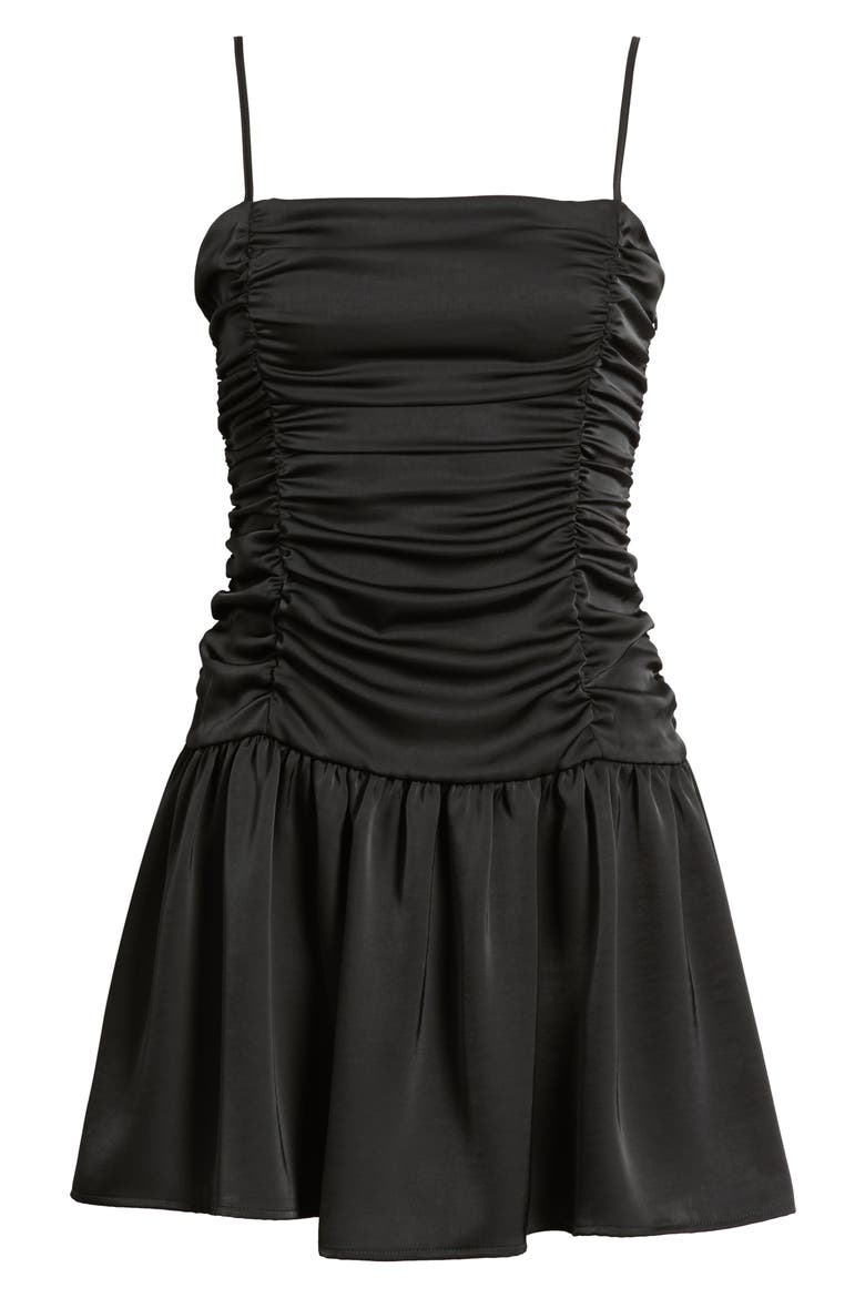 Ruched Satin Drop Waist Minidress, Alternate, color, BLACK