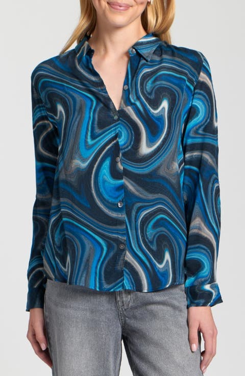 Abstract Print Roll Tab Sleeve Chiffon Button-Up Shirt