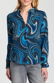 APNY Abstract Print Roll Tab Sleeve Chiffon Button-Up Shirt
