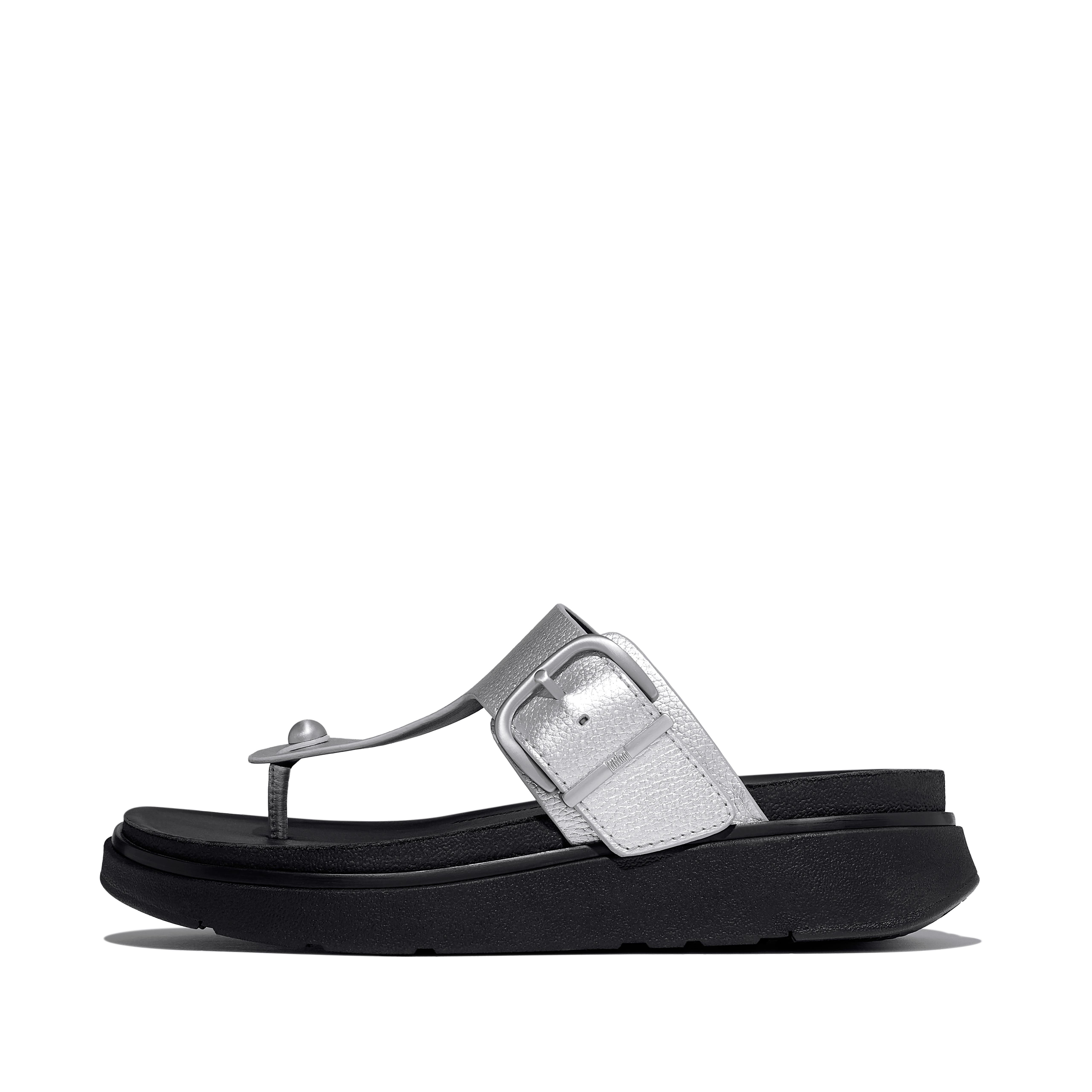 FitFlop Gen FF Buckle Tumbled Leather Toe Post Sandals, Alternate, color, Silver