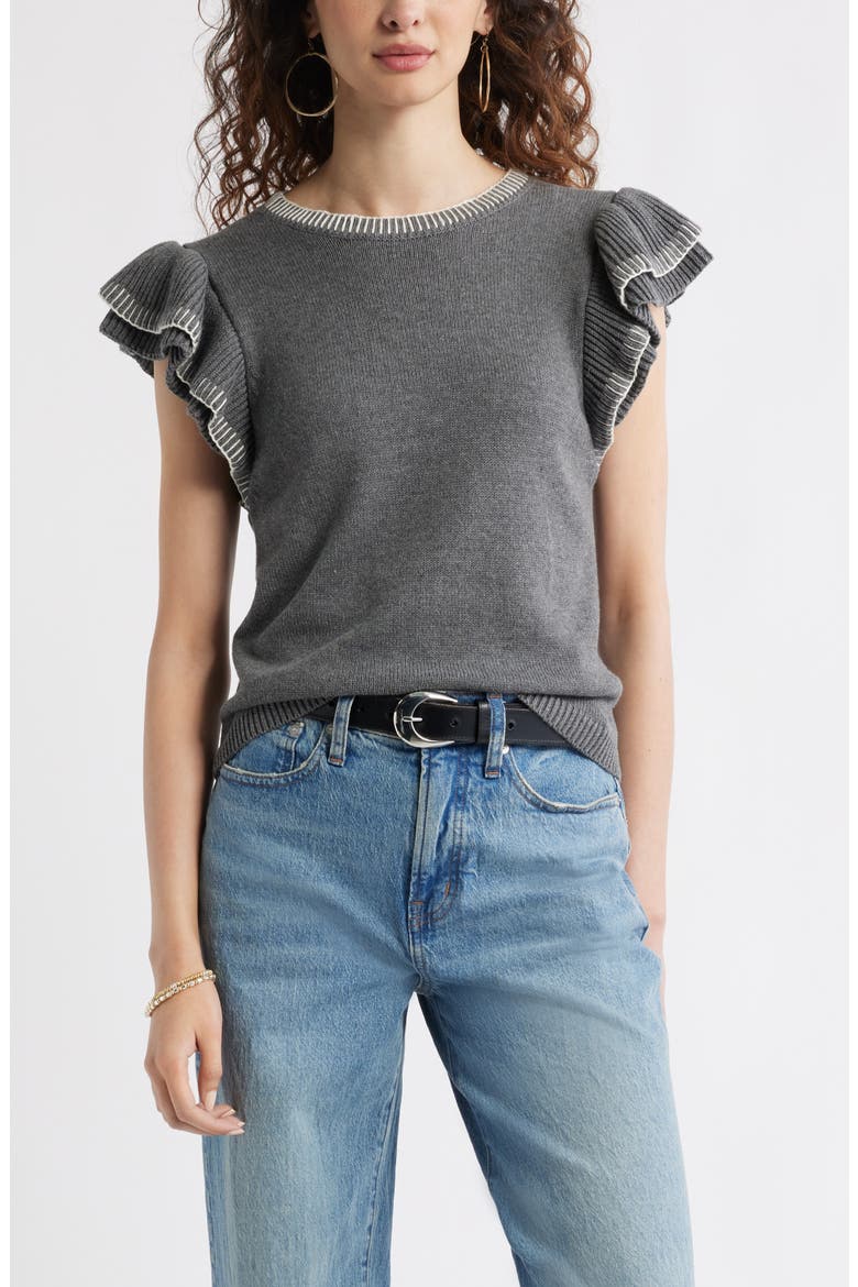 Flutter Sleeve Cotton Sweater, Main, color, GREY CHARCOAL HEATHER
