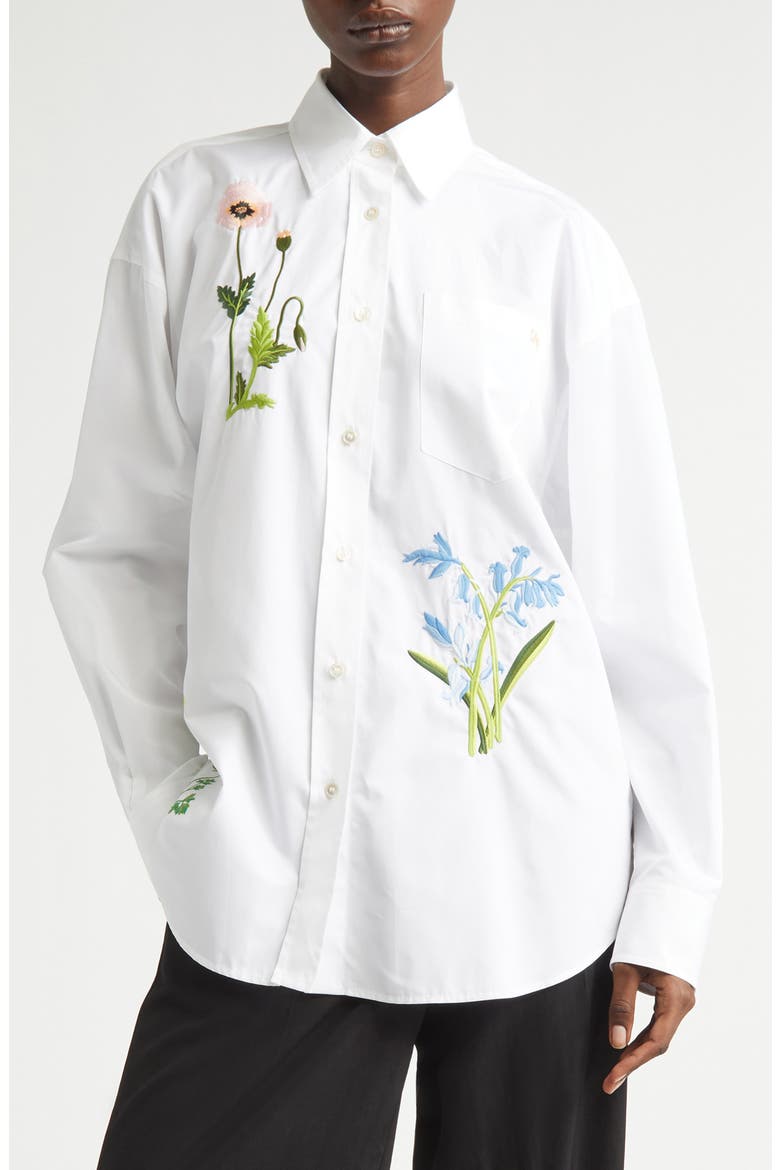 Floral Embroidered Cotton Oxford Button-Up Shirt, Main, color, PURE WHITE