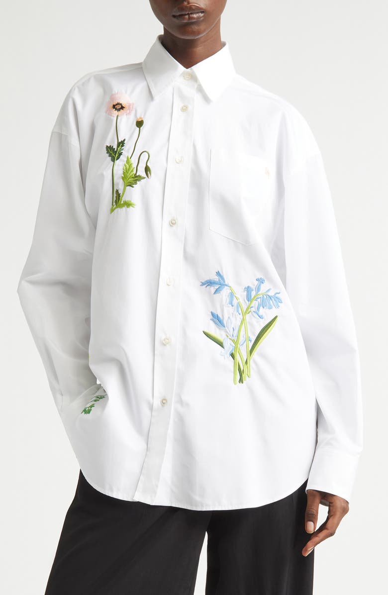 Stella McCartney Floral Embroidered Cotton Oxford Button-Up Shirt, Main, color, Pure White
