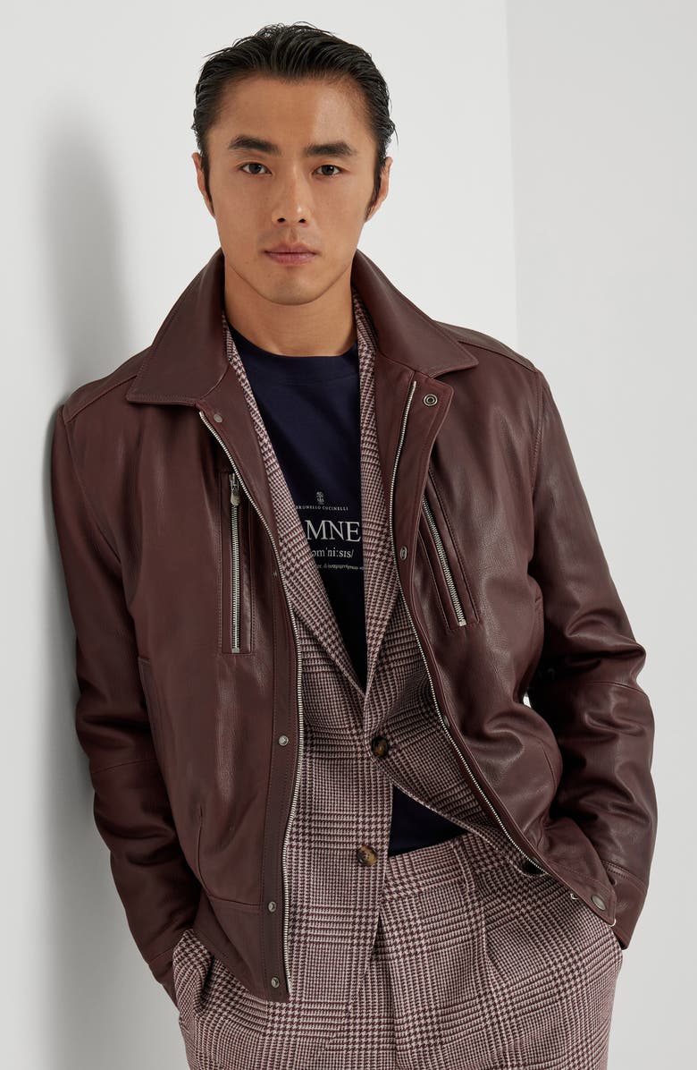 Brunello Cucinelli Nappa leather biker jacket, Alternate, color, Burgundy