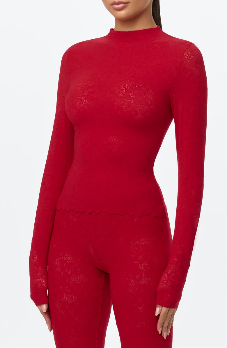 Naked Wardrobe Scalloped Hem Stretch Lace Top, Alternate, color, Ruby Red