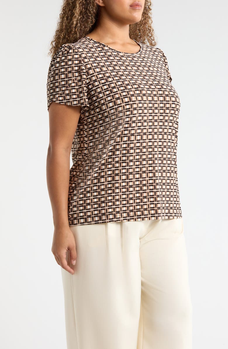 AK ANNE KLEIN Geo Print Tulip Sleeve Top, Alternate, color, Latte Multi