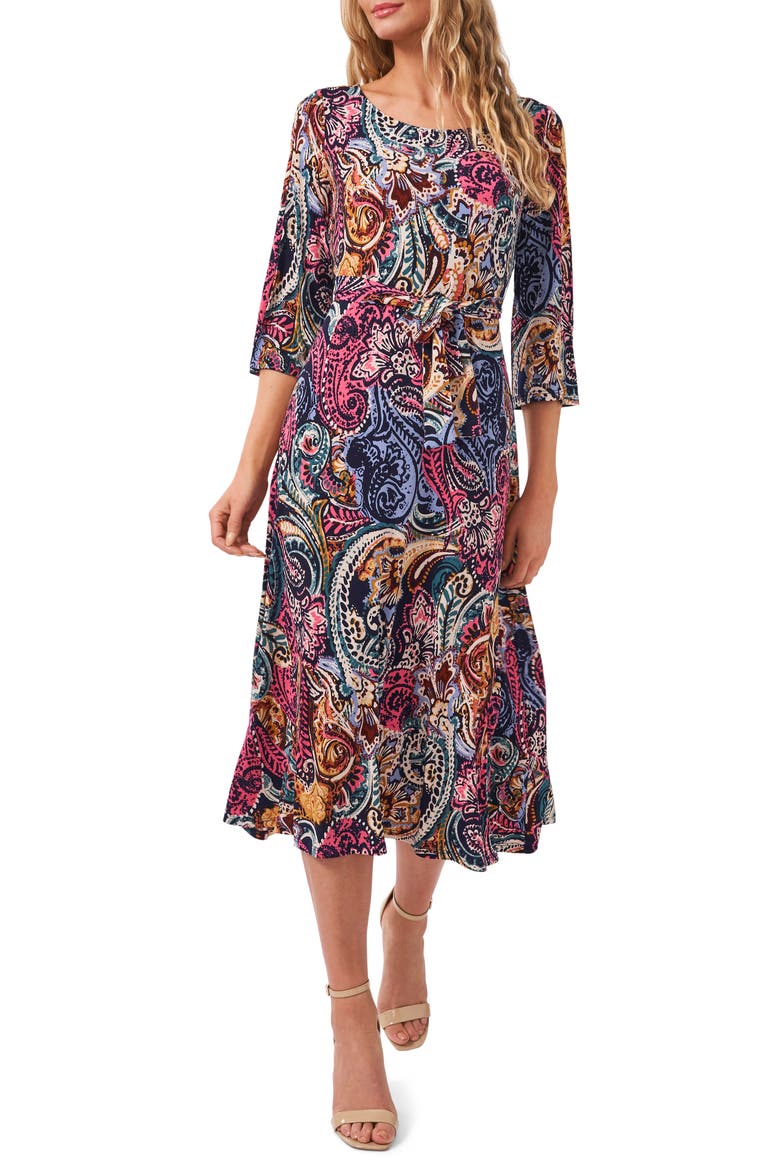Belted Split Sleeve Midi Dress, Main, color, NAVY/ MAUVE/ BLUE