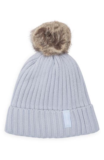 Calvin Klein Faux Fur Pompom Beanie In Gray