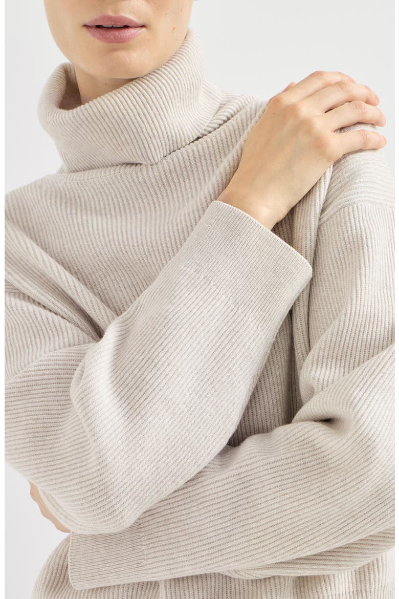 Virgin wool, cashmere and silk English rib turtleneck sweater, Alternate, color, Cool Beige