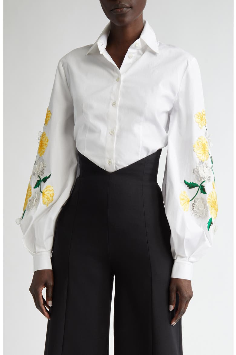 Embroidered Sleeve Stretch Cotton Button-Up Shirt, Main, color, WHITE MULTI