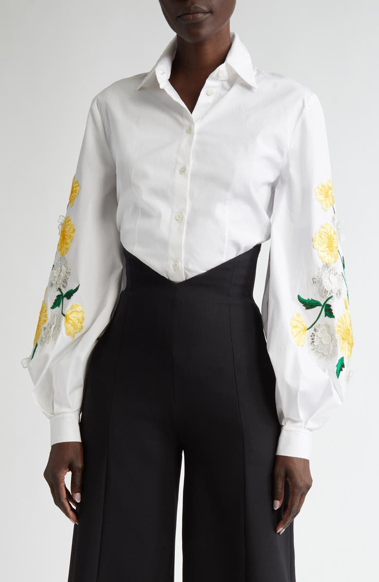 Carolina Herrera Embroidered Sleeve Stretch Cotton Button-Up Shirt, Main, color,