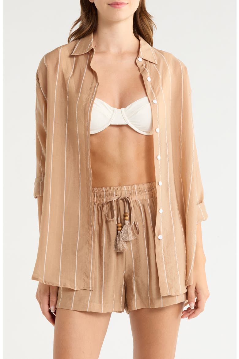 Stripe Oversize Cotton Button-Up Cover-Up Shirt, Main, color, TAN