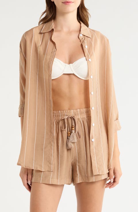 Stripe Oversize Cotton Button-Up Cover-Up Shirt