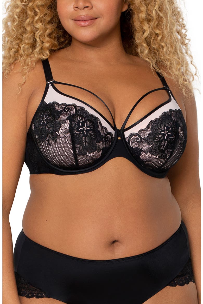 Tulip Strappy Lace Push-Up Bra, Main, color, BLACK W/ ADOBE ROSE