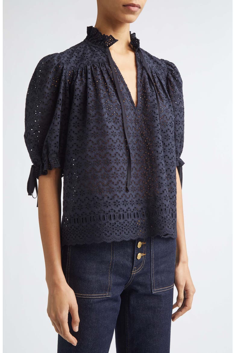 Alouette Eyelet Puff Shoulder Top, Alternate, color, MIDNIGHT