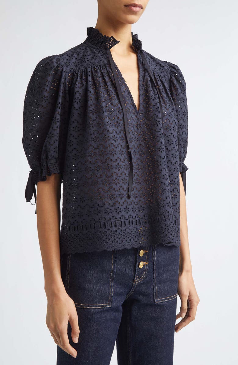 Ulla Johnson Alouette Eyelet Puff Shoulder Top, Alternate, color, Midnight