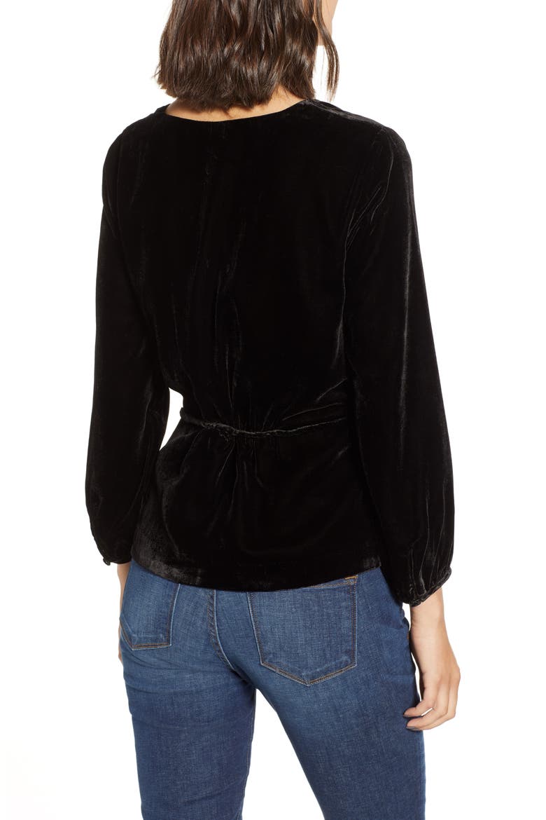 Faux Wrap Velvet Top, Alternate, color, BLACK