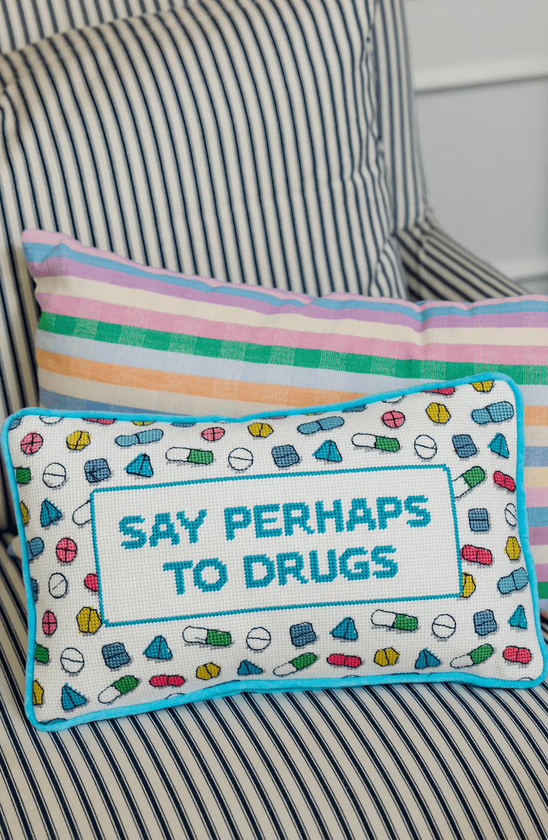 Furbish Studio Perhaps to Drugs Needlepoint Pillow, Alternate, color, Perhaps To Drugs
