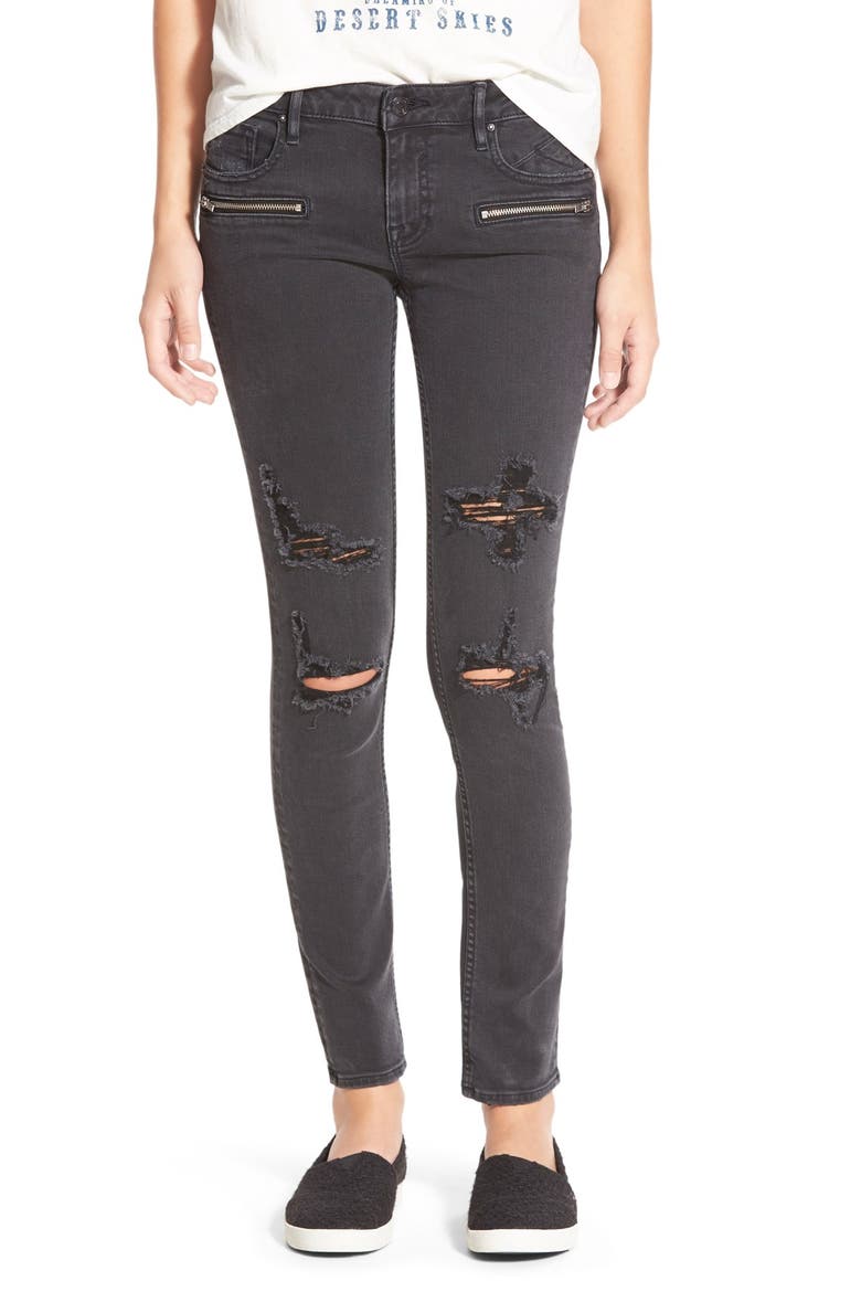 Zip Detail Destroyed Skinny Jeans, Main, color, BLACK