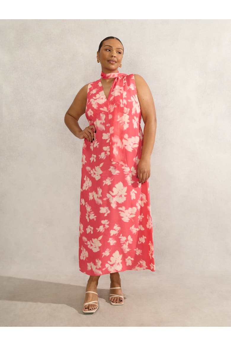 Floral Midi Dress With Neck Scarf, Alternate, color, Coral