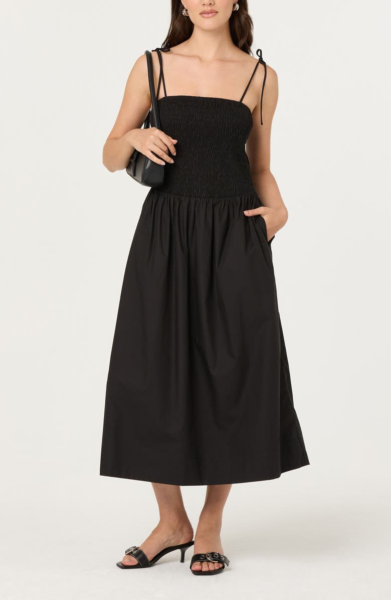 ASTR the Label Drop Waist Smocked Midi Dress, Alternate, color, Black