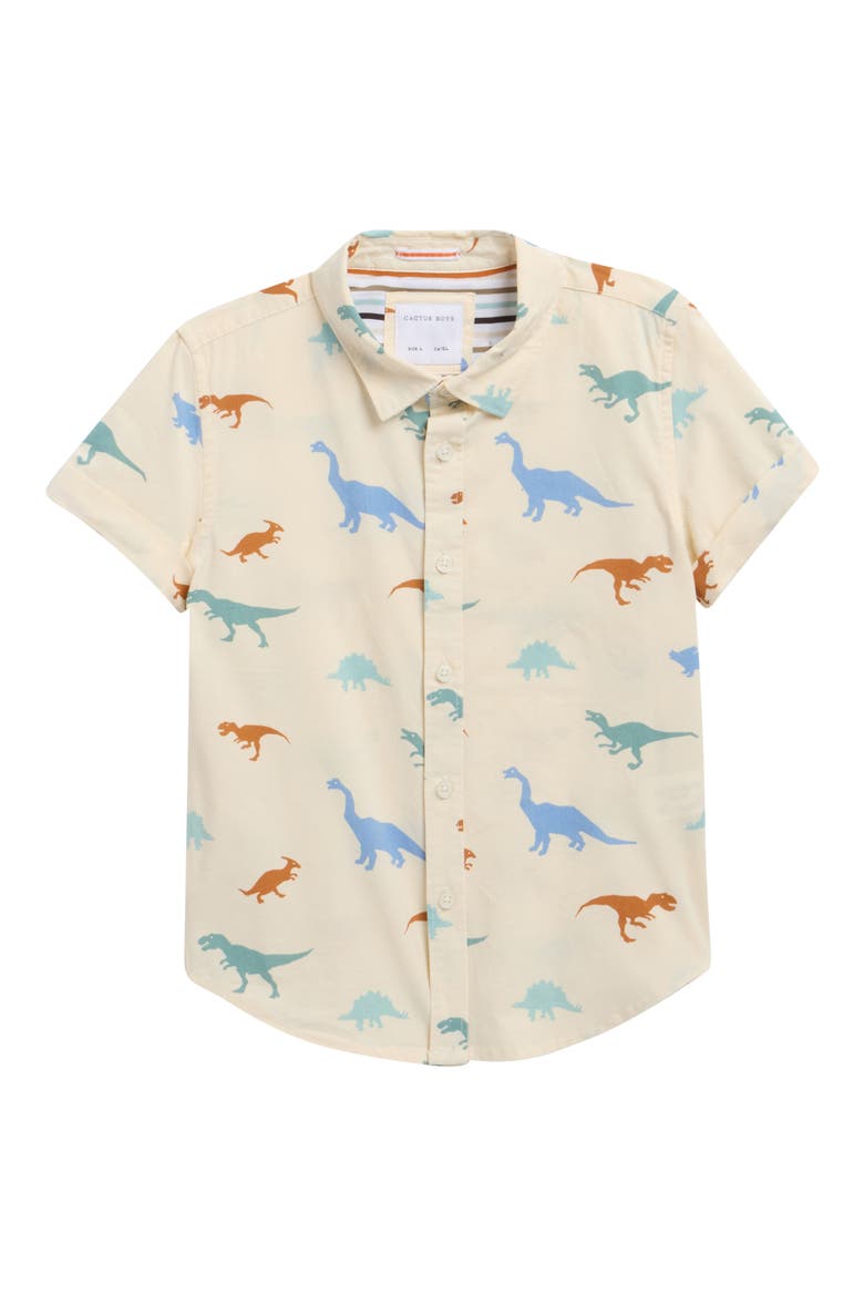 Kids' Dinos Short Sleeve Cotton Button-Up Shirt, Main, color, BEIGE